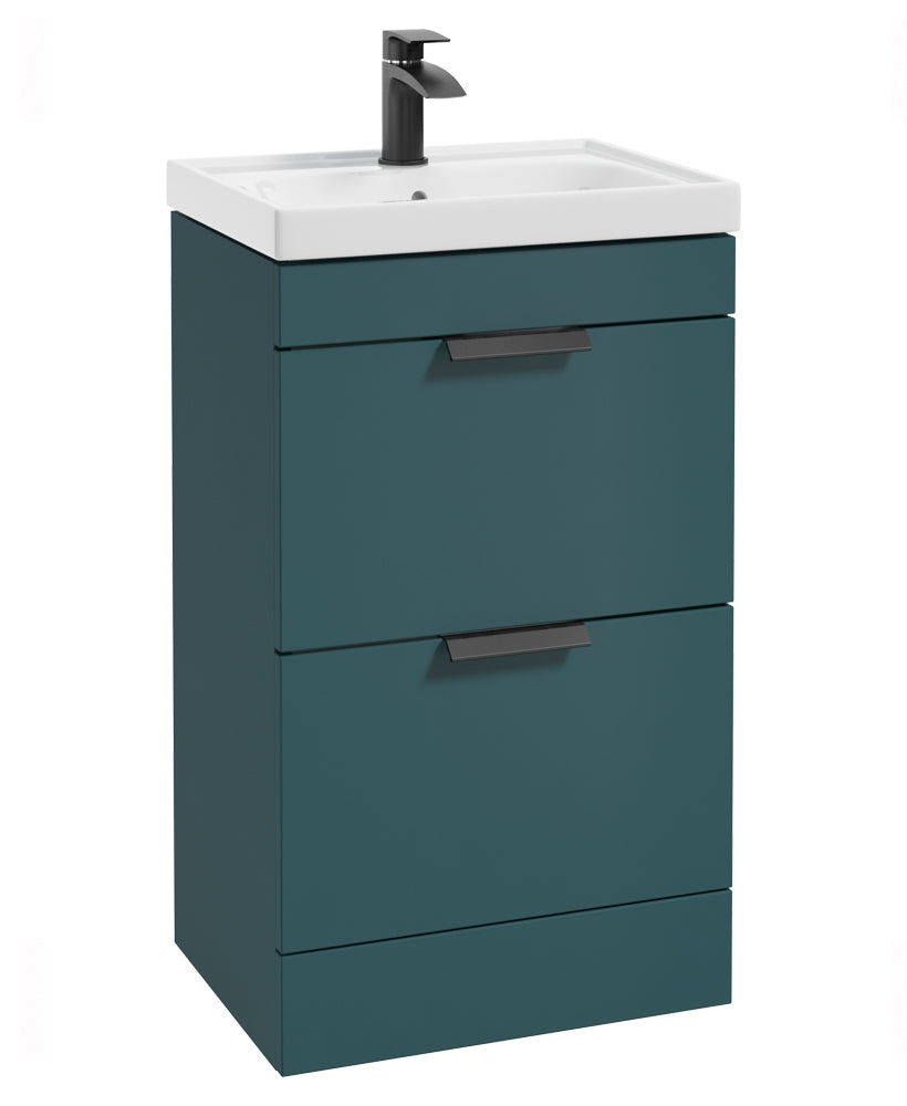 Stockholm Ocean Blue Matt 50cm 2 Drawer Floor Standing Vanity Unit - Matt Black Handle