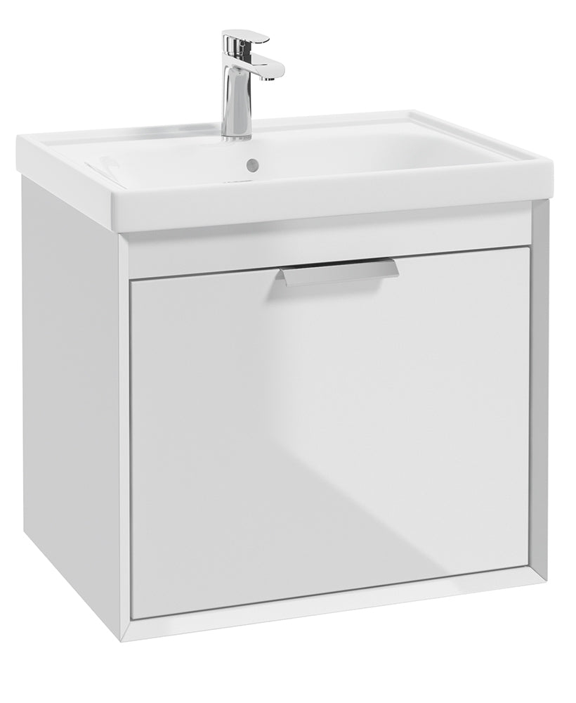 Fjord Gloss White 60cm Wall Hung Vanity Unit-Brushed Chrome Handle
