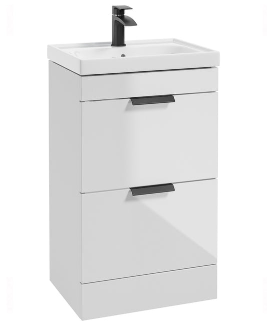 Stockholm Gloss White 50cm 2 Drawer Floor Standing Vanity Unit - Matt Black Handle