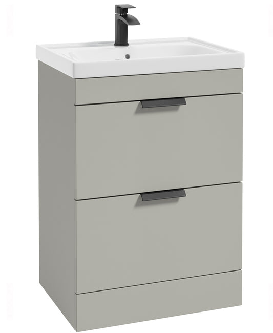 Stockholm Arctic Grey Matt 60cm 2 Drawer Floor Standing Vanity Unit - Matt Black Handle