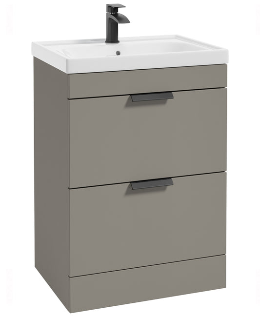 Stockholm Khaki Matt 60cm 2 Drawer Floor Standing Vanity Unit - Matt Black Handle