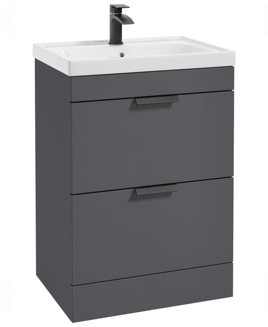 Stockholm Midnight Grey Matt 60cm 2 Drawer Floor Standing Vanity Unit - Matt Black Handle