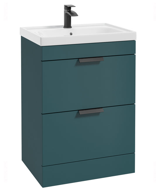 Stockholm Ocean Blue Matt 60cm 2 Drawer Floor Standing Vanity Unit - Matt Black Handle