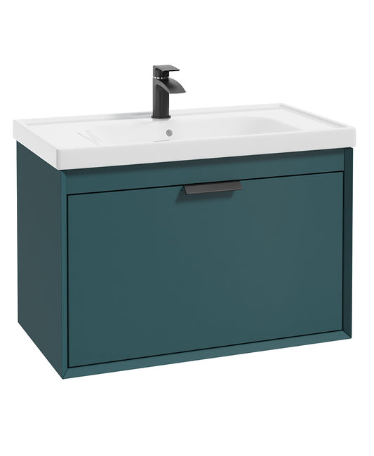 Fjord Ocean Blue Matt  80cm Wall Hung Vanity Unit-Matt Black Handle