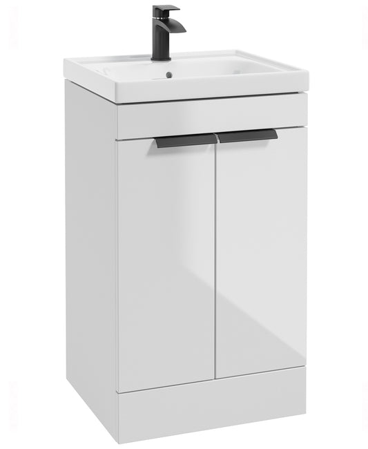 Stockholm Gloss White 50cm 2 Door Floor Standing Vanity Unit - Matt Black Handle