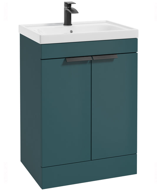 Stockholm Ocean Blue Matt 60cm 2 Door Floor Standing Vanity Unit - Matt Black Handle