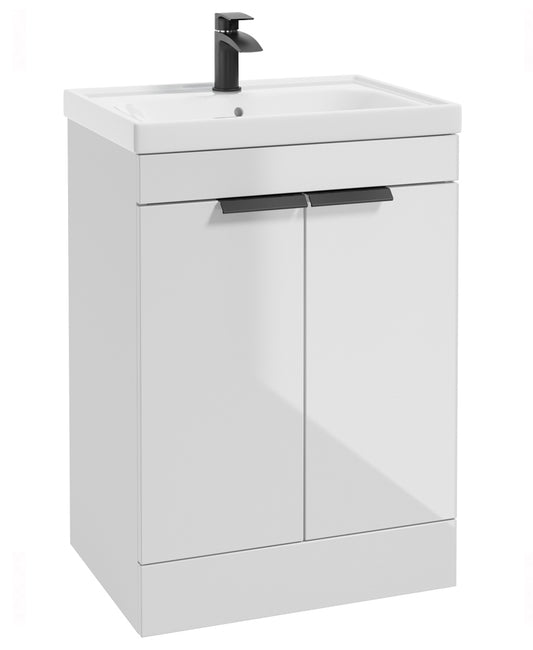 Stockholm Gloss White 60cm 2 Door Floor Standing Vanity Unit - Matt Black Handle
