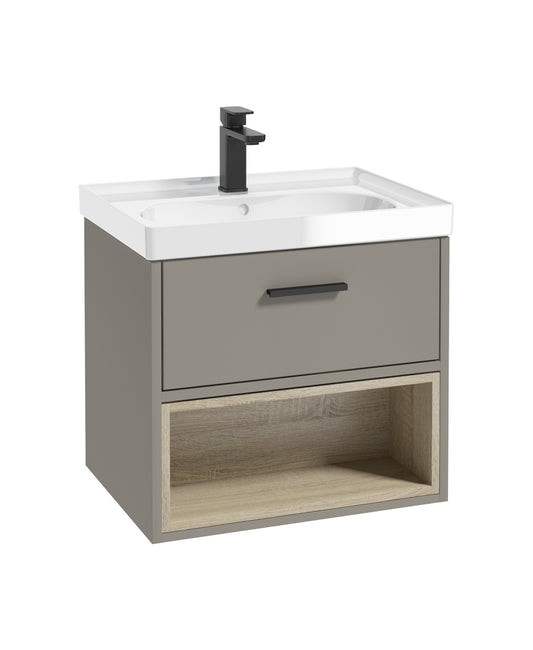 Malmo 60cm Single Drawer, Open Shelf Unit, Khaki, Black Handle, Gloss Basin