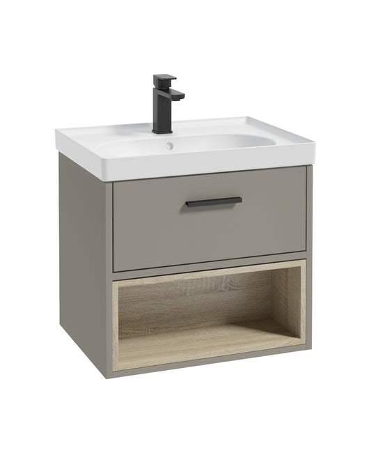 Malmo 60cm Single Drawer, Open Shelf Unit, Khaki, Black Handle, Matt Basin