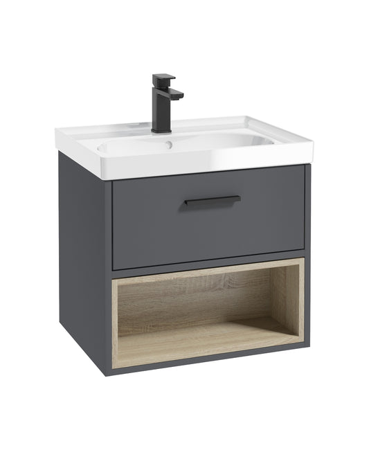 Malmo 60cm Single Drawer, Open Shelf Unit, Midnight Grey, Black Handle, Gloss Basin