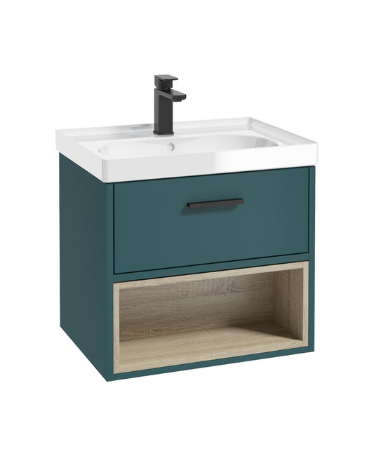 Malmo 60cm Single Drawer, Open Shelf Unit, Ocean Blue, Black Handle, Gloss Basin