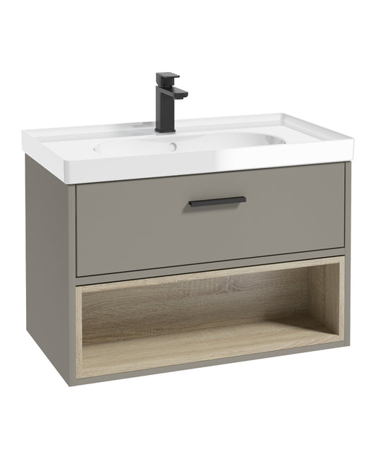 Malmo 80cm Single Drawer, Open Shelf Unit, Khaki, Black Handle, Gloss Basin