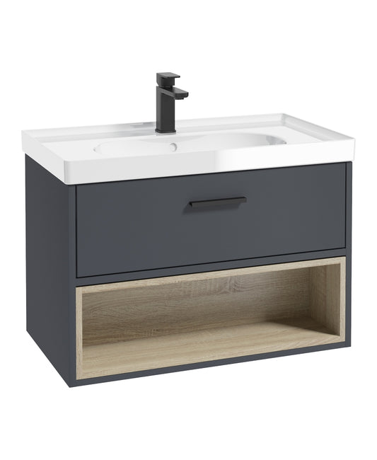 Malmo 80cm Single Drawer, Open Shelf Unit, Matt Night Sky Blue, Black Handle, Gloss Basin