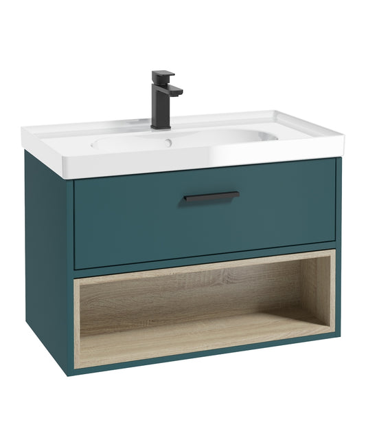 Malmo 80cm Single Drawer, Open Shelf Unit, Ocean Blue, Black Handle, Gloss Basin
