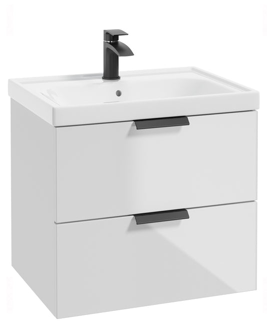 Stockholm Gloss White 60cm Wall Hung Vanity Unit - Matt Black Handle