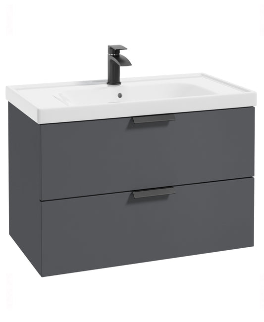 Stockholm Midnight Grey Matt 80cm Wall Hung Vanity Unit - Matt Black Handle