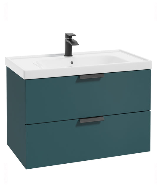 Stockholm Ocean Blue Matt 80cm Wall Hung Vanity Unit - Matt Black Handle