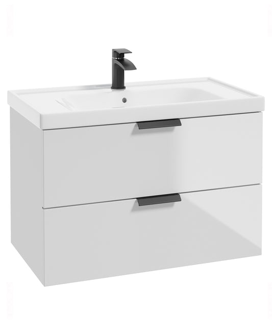 Stockholm Gloss White 80cm Wall Hung Vanity Unit - Matt Black Handle