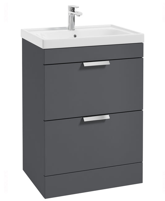 Stockholm Midnight Grey Matt 60cm 2 Drawer Floor Standing Vanity Unit - Brushed Chrome Handle