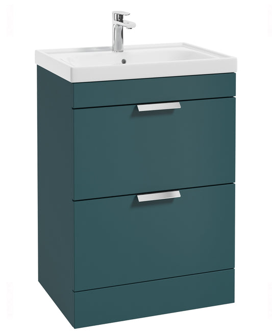 Stockholm Ocean Blue Matt 60cm 2 Drawer Floor Standing Vanity Unit - Brushed Chrome Handle