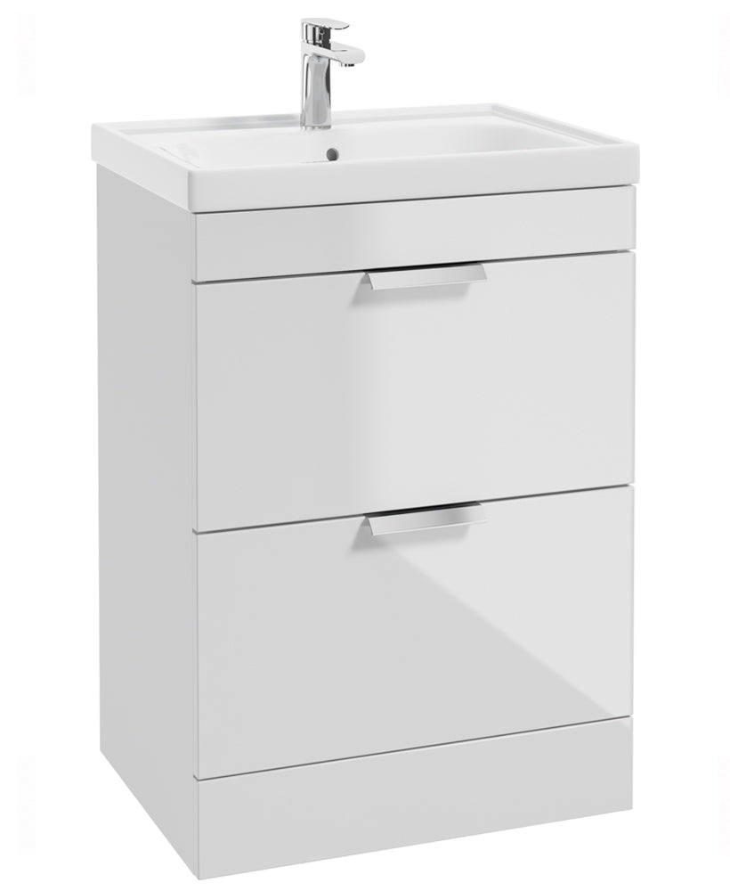 Stockholm Gloss White 60cm 2 Drawer Floor Standing Vanity Unit - Brushed Chrome Handle