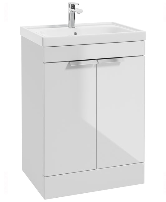 Stockholm Gloss White 60cm 2 Door Floor Standing Vanity Unit - Brushed Chrome Handle