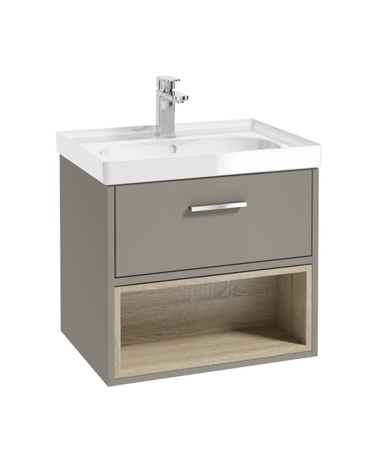 Malmo 60cm Single Drawer, Open Shelf Unit, Khaki, Chrome Handle, Gloss Basin