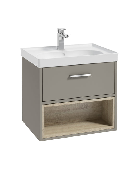 Malmo 60cm Single Drawer, Open Shelf Unit, Khaki, Chrome Handle, Matt Basin