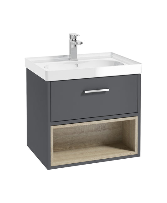 Malmo 60cm Single Drawer, Open Shelf Unit, Midnight Grey, Chrome Handle, Gloss Basin