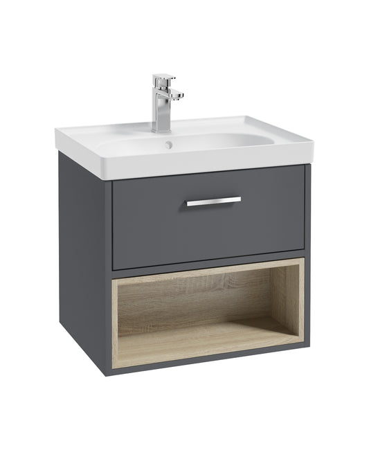 Malmo 60cm Single Drawer, Open Shelf Unit, Midnight Grey, Chrome Handle, Matt Basin