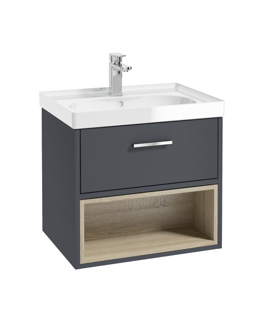 Malmo 60cm Single Drawer, Open Shelf Unit, Matt Night Sky Blue, Chrome Handle, Gloss Basin