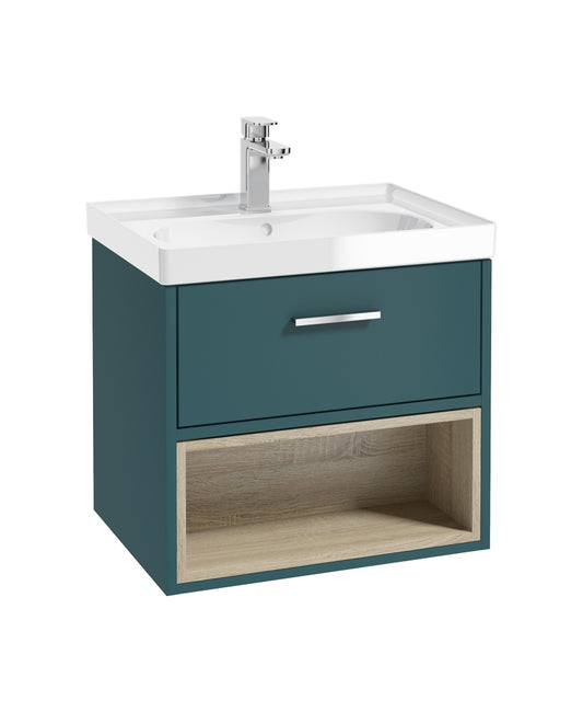 Malmo 60cm Single Drawer, Open Shelf Unit, Ocean Blue, Chrome Handle, Gloss Basin