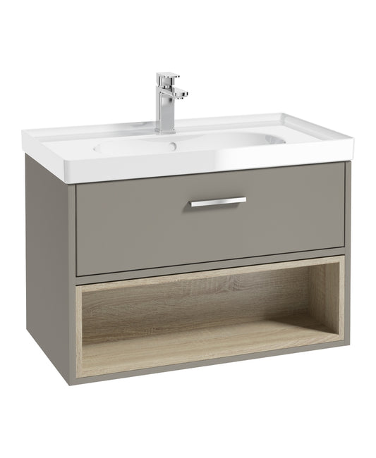 Malmo 80cm Single Drawer, Open Shelf Unit, Khaki, Chrome Handle, Gloss Basin