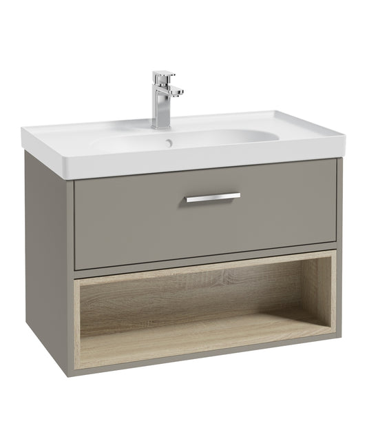 Malmo 80cm Single Drawer, Open Shelf Unit, Khaki, Chrome Handle, Matt Basin