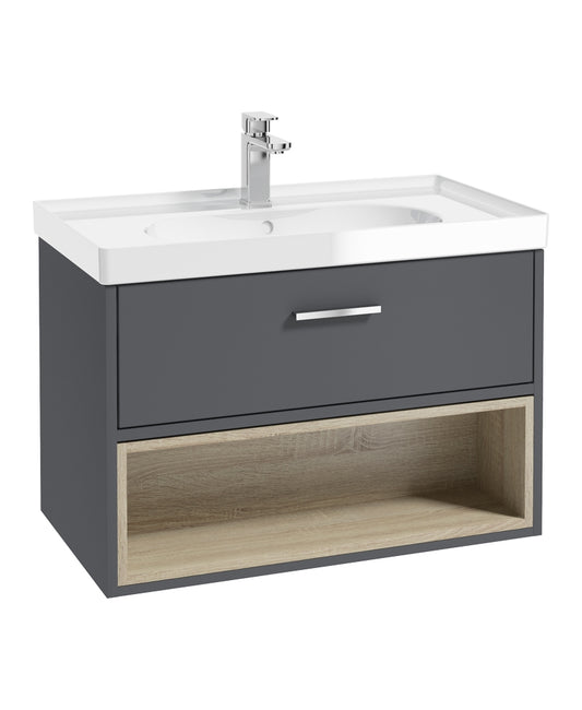 Malmo 80cm Single Drawer, Open Shelf Unit, Midnight Grey, Chrome Handle, Gloss Basin