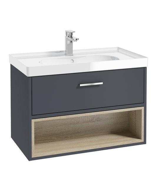Malmo 80cm Single Drawer, Open Shelf Unit, Matt Night Sky Blue, Chrome Handle, Gloss Basin