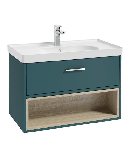 Malmo 80cm Single Drawer, Open Shelf Unit, Ocean Blue, Chrome Handle, Matt Basin