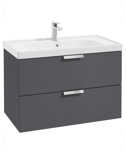 Stockholm Midnight Grey Matt 80cm Wall Hung Vanity Unit - Brushed Chrome Handle