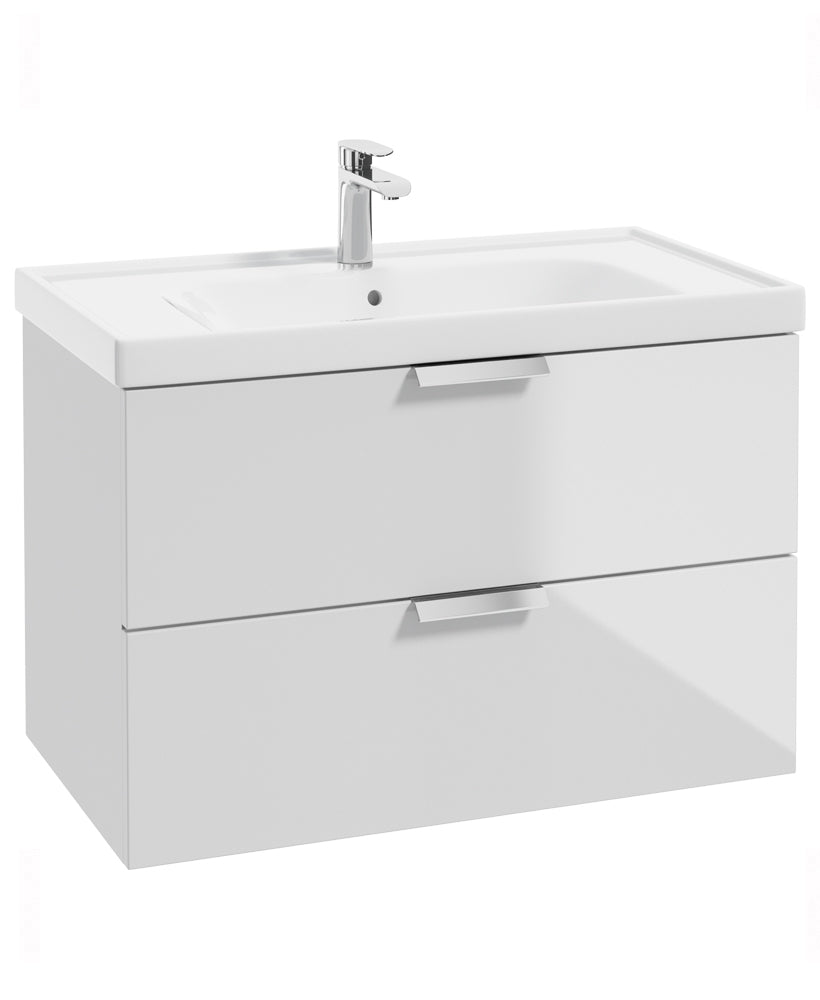 Stockholm Gloss White 80cm Wall Hung Vanity Unit - Brushed Chrome Handle