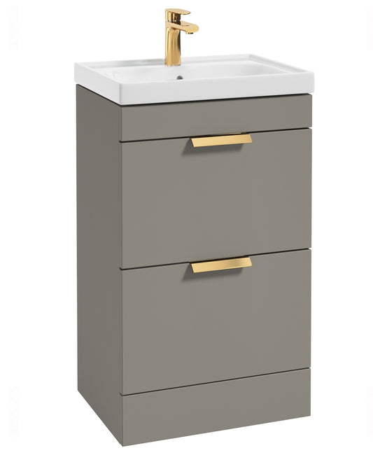 Stockholm Khaki Matt 50cm 2 Drawer Floor Standing Vanity Unit - Brushed Gold Handle