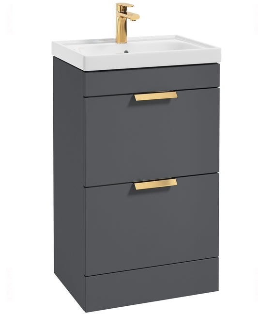 Stockholm Midnight Grey Matt 50cm 2 Drawer Floor Standing Vanity Unit - Brushed Gold Handle