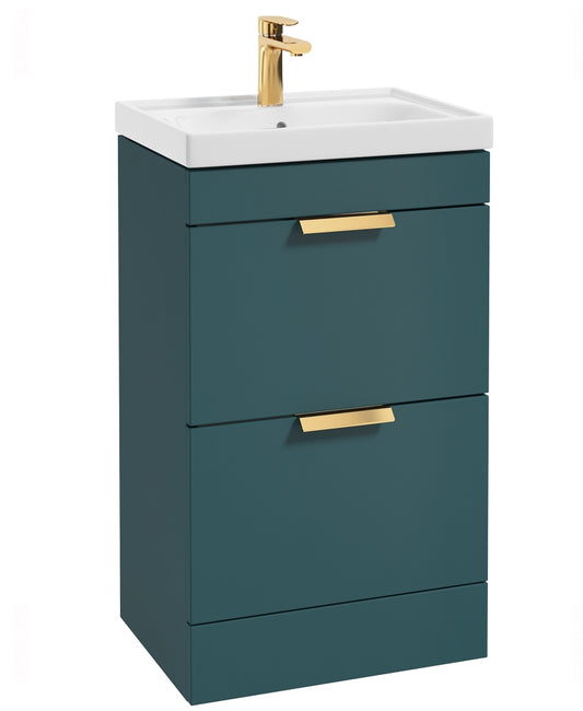 Stockholm Ocean Blue Matt 50cm 2 Drawer Floor Standing Vanity Unit - Brushed Gold Handle