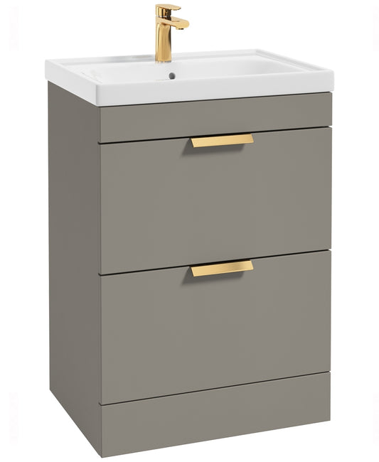 Stockholm Khaki Matt 60cm 2 Drawer Floor Standing Vanity Unit - Brushed Gold Handle