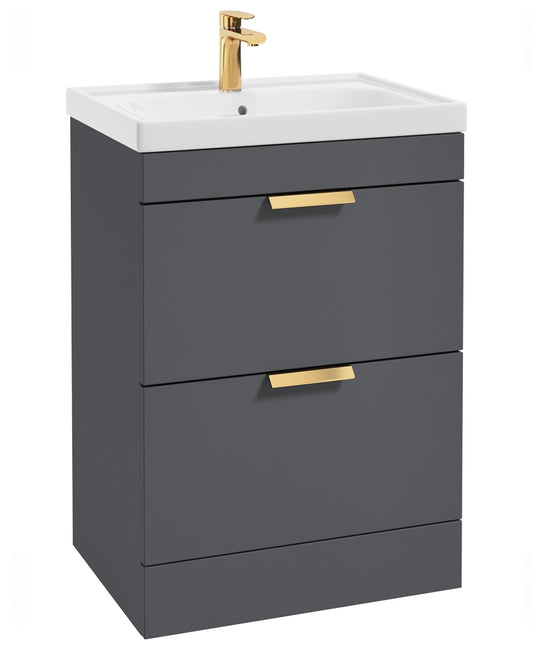Stockholm Midnight Grey Matt 60cm 2 Drawer Floor Standing Vanity Unit - Brushed Gold Handle