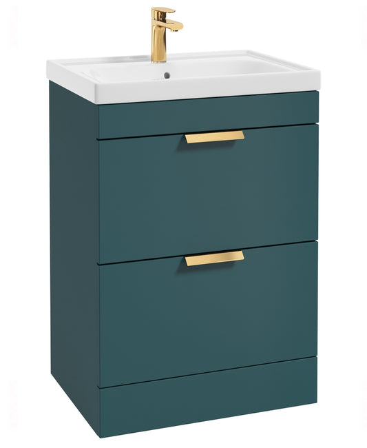 Stockholm Ocean Blue Matt 60cm 2 Drawer Floor Standing Vanity Unit - Brushed Gold Handle