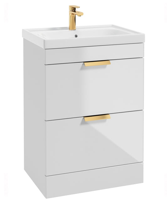 Stockholm Gloss White 60cm 2 Drawer Floor Standing Vanity Unit - Brushed Gold Handle