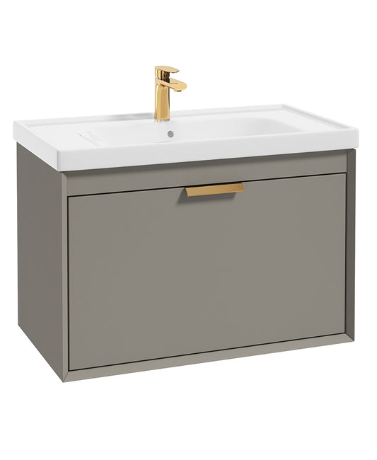 Fjord Khaki Matt  80cm Wall Hung Vanity Unit-Brushed Gold Handle