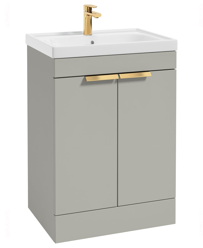 Stockholm Arctic Grey Matt 60cm 2 Door Floor Standing Vanity Unit - Brushed Gold Handle