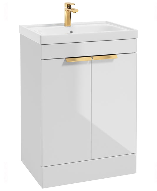 Stockholm Gloss White 60cm 2 Door Floor Standing Vanity Unit - Brushed Gold Handle