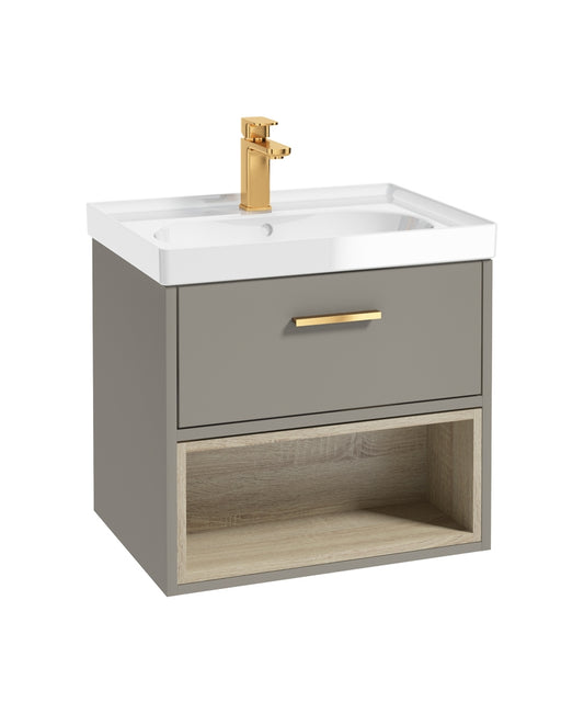 Malmo 60cm Single Drawer, Open Shelf Unit, Khaki, Brushed Gold Handle, Gloss Basin